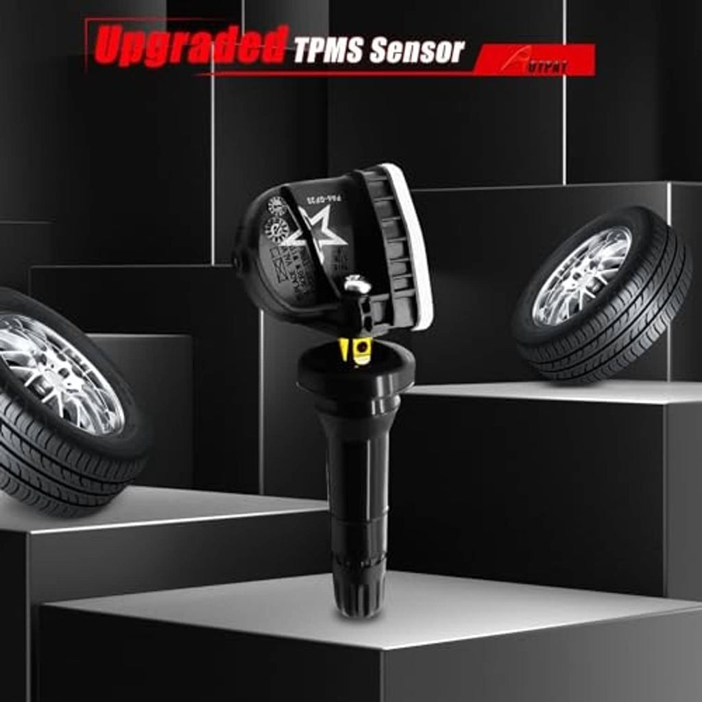 Single black TPMS sensor with valve stem and yellow band, raised product angle