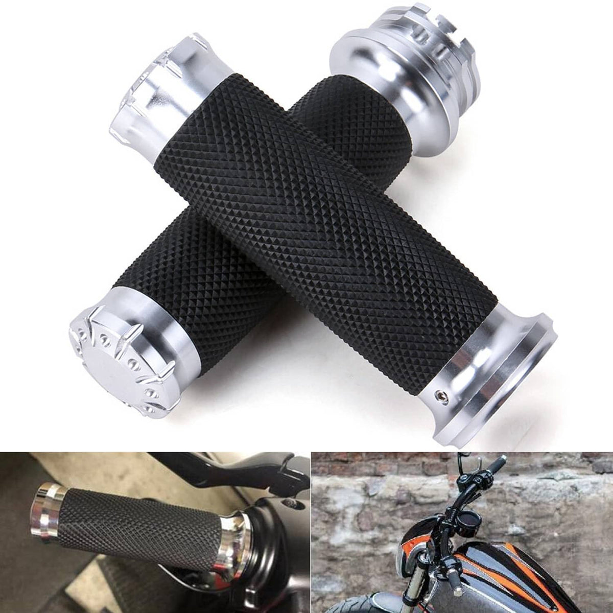 Motorcycle handlebar grips with black textured rubber and chrome locking bands