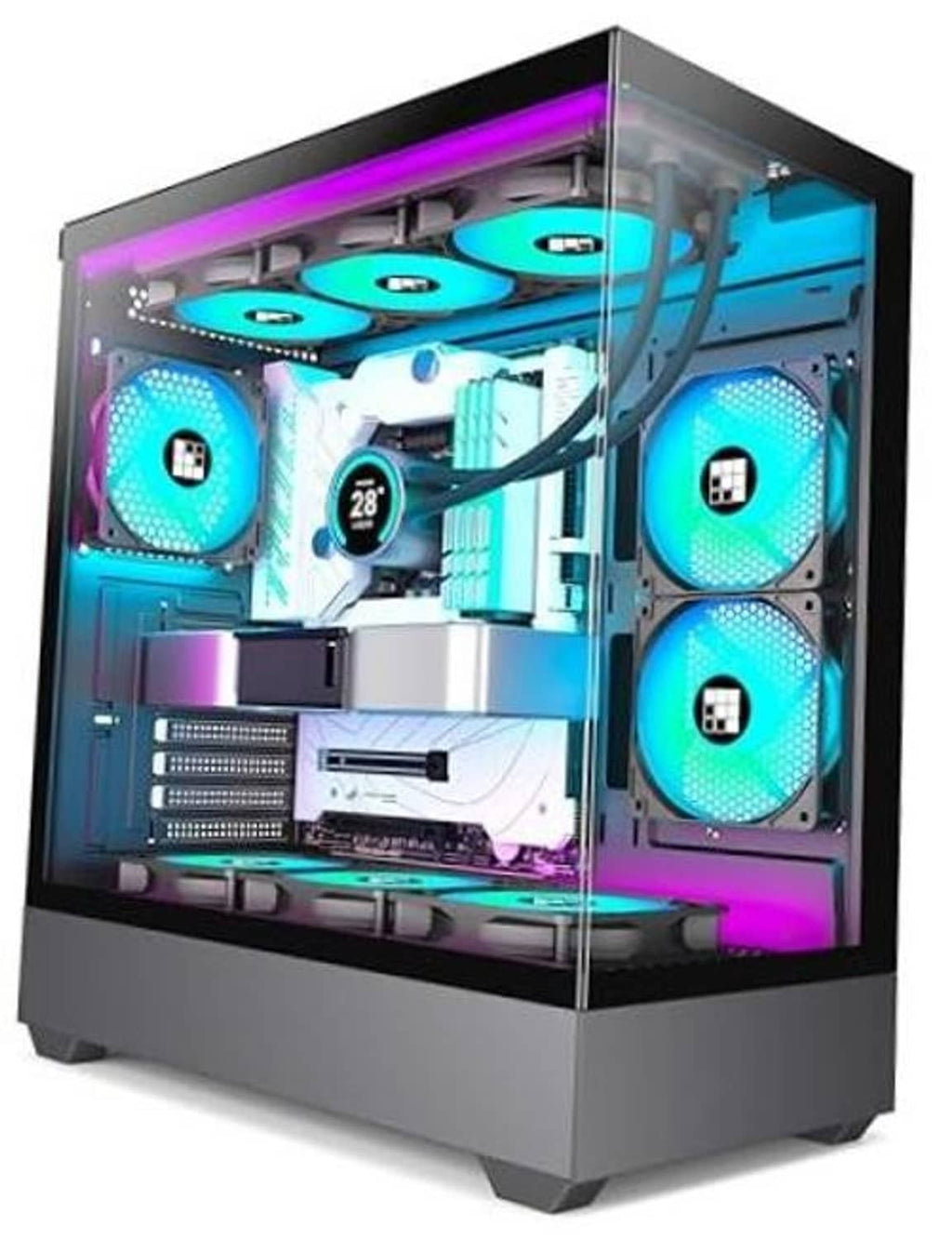 ATX mid-tower PC case with tempered glass front and four PWM ARGB cooling fans