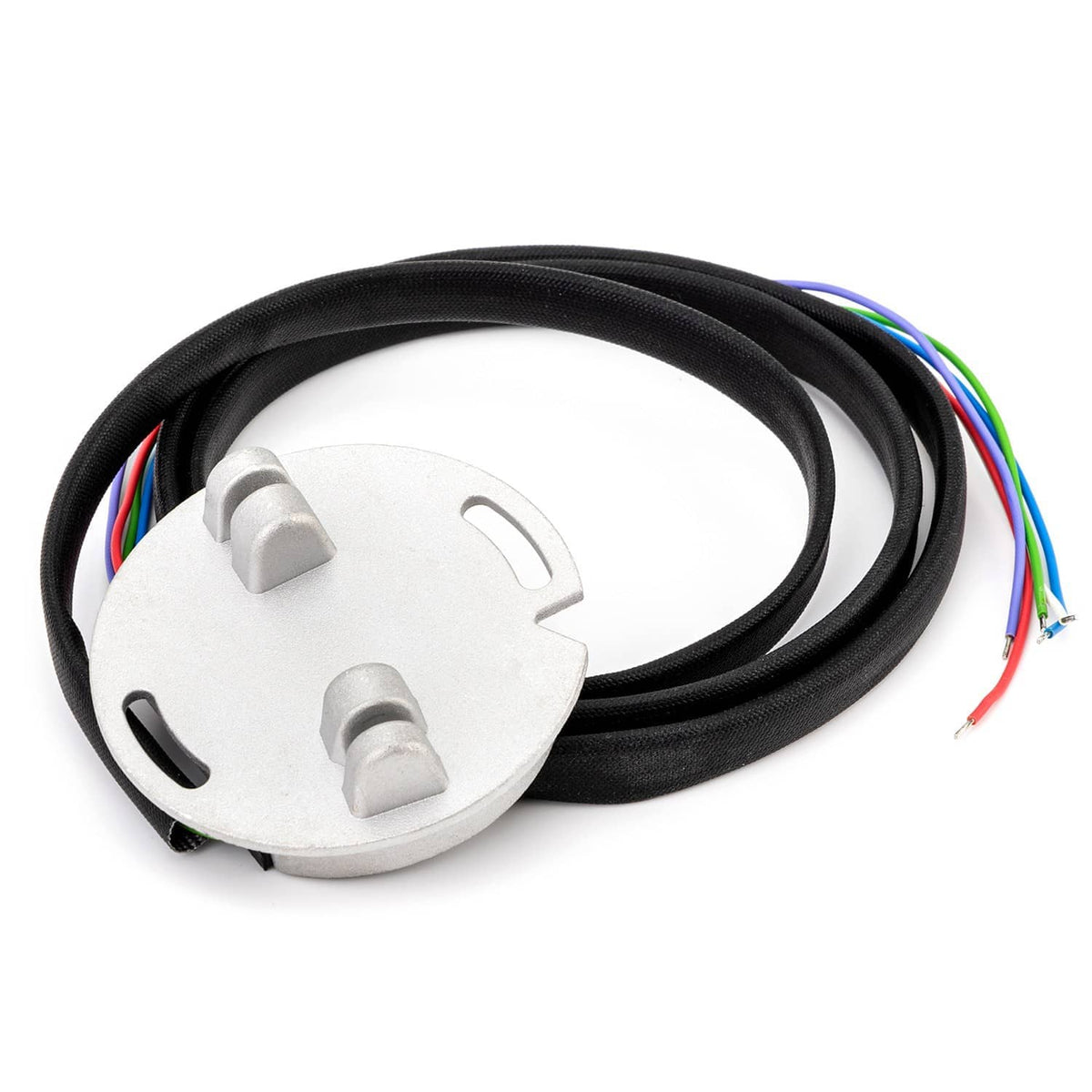 Ignition module base with mounting bracket and black cable harness, multicolor leads