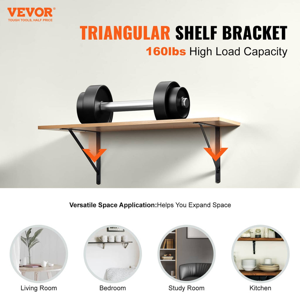 Triangular floating shelf bracket with two black steel legs for wall-mounted shelving