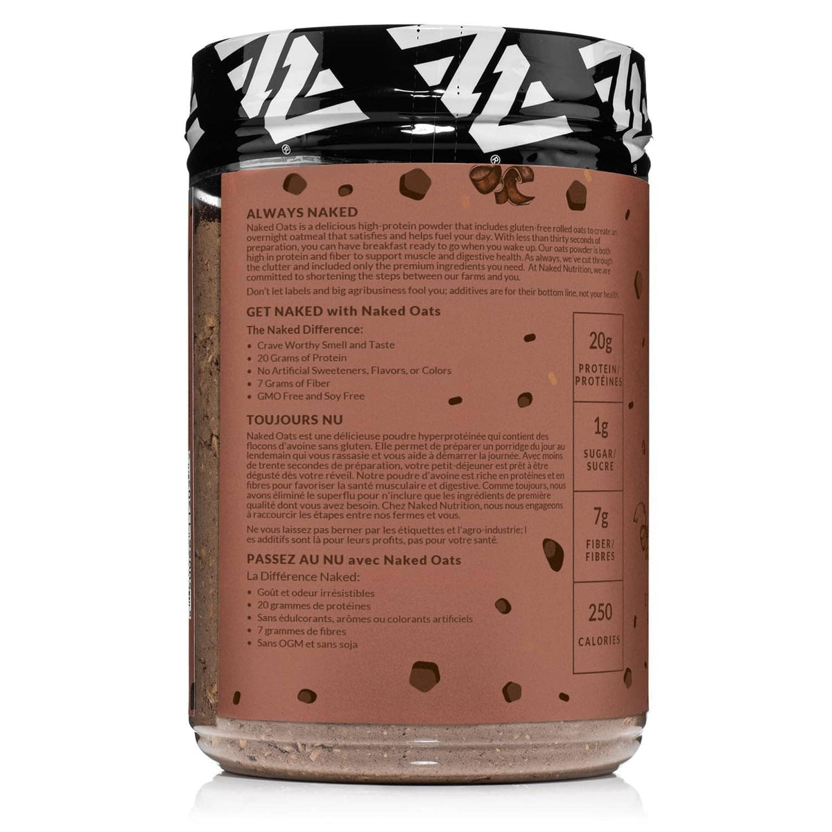Naked Oats Double Chocolate tub back label panel with nutrition and claims