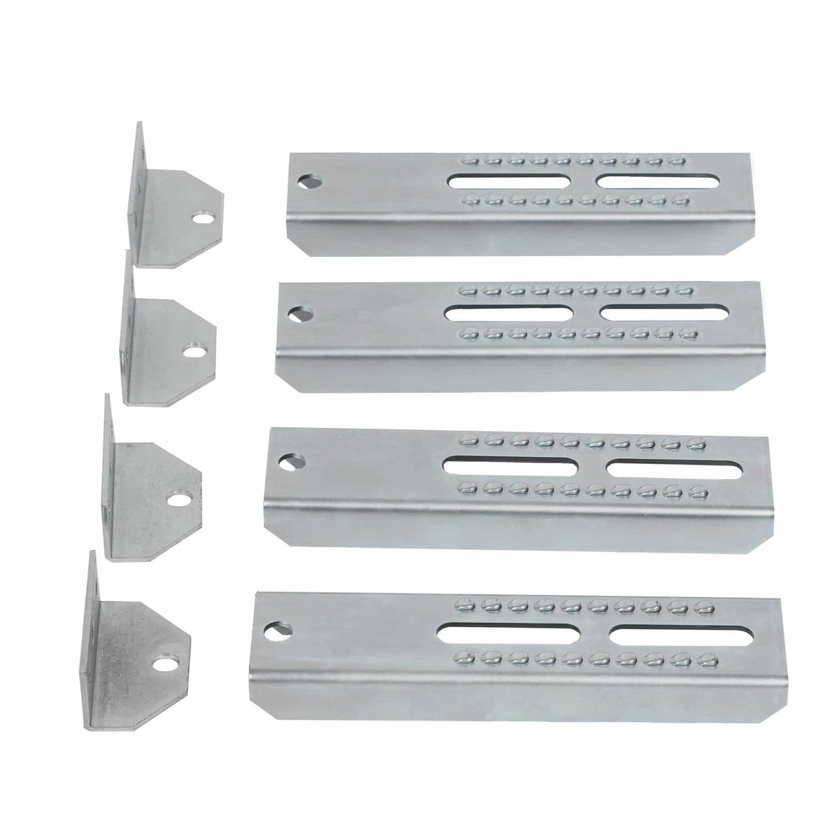 Galvanized trailer bunk bracket track pieces with oval slots and mounting holes