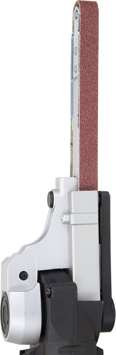 Variable speed file sander head with vertical sanding belt and black mounting housing