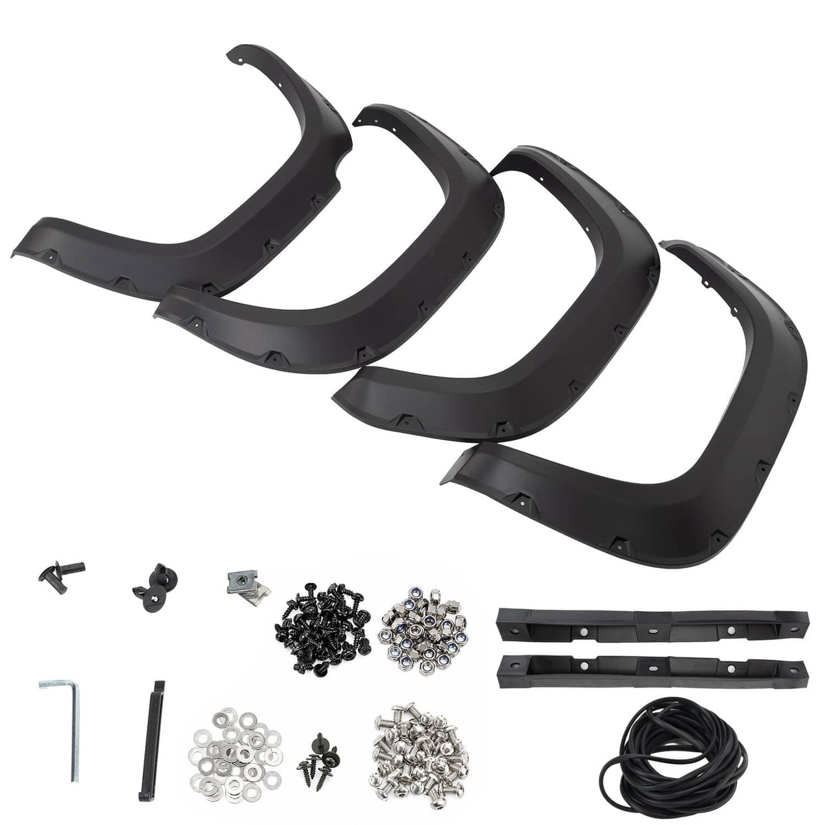 Black wheel fender flare set with fasteners, small hardware parts, and cable