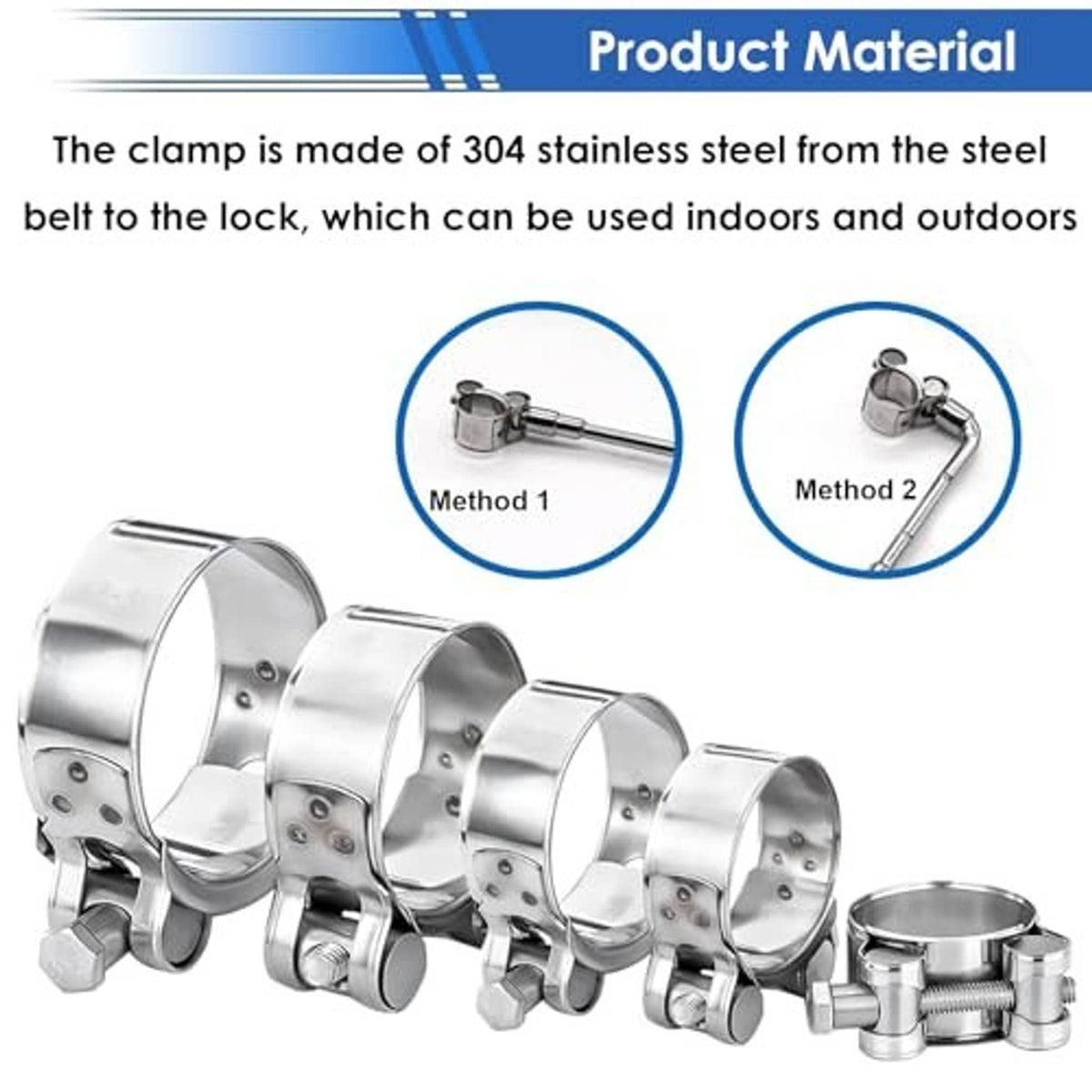 304 stainless steel T-bolt hose clamps with side view of the locking band