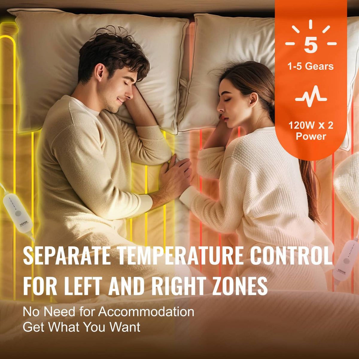 White heated mattress pad with controller cable visible on bed