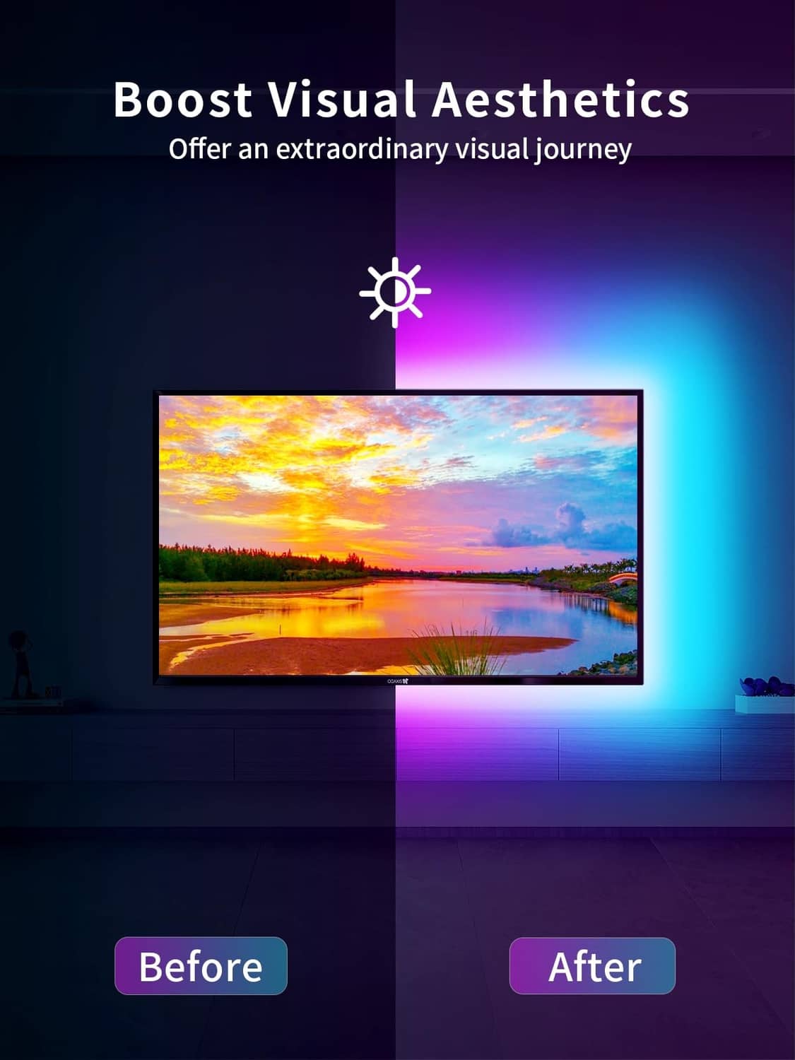 Multicolor LED TV light strip creating colorful halo light behind the screen
