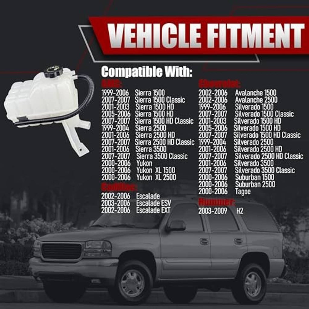 Coolant reservoir tank with sensor and black cap, white reservoir with hose