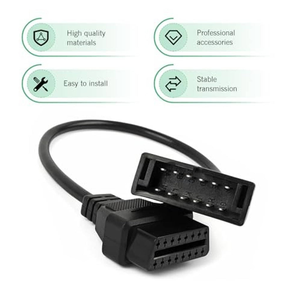Black OBD adapter cable with visible multi-pin sockets on both connectors