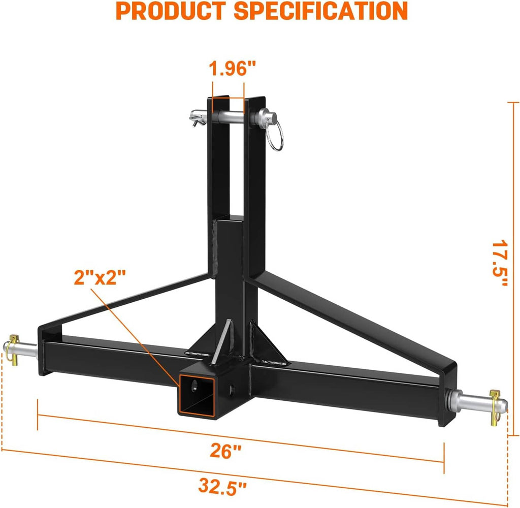 Black steel 3-point hitch receiver frame with side arms, lift post, and mounting pins