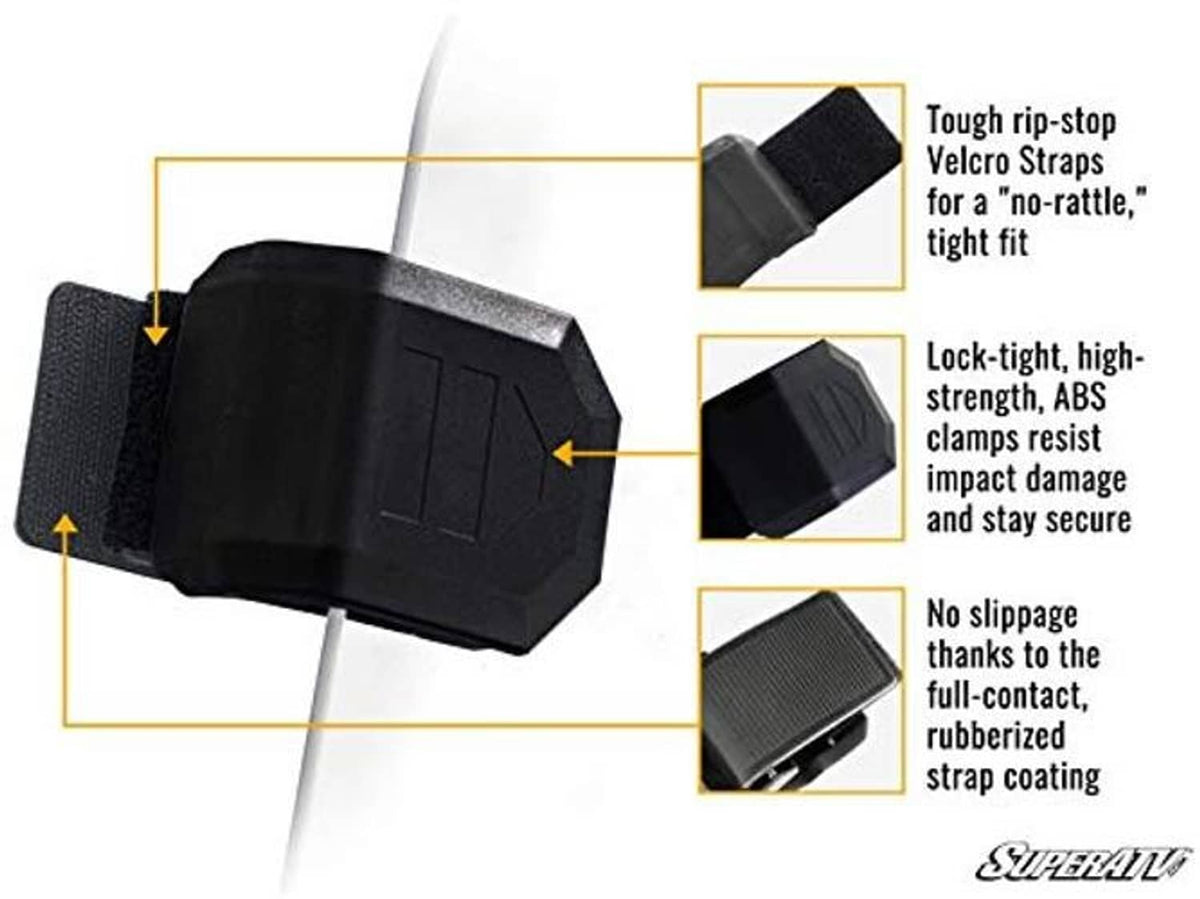 Black ABS mounting clamps with rubberized strap coating for secure windshield fit