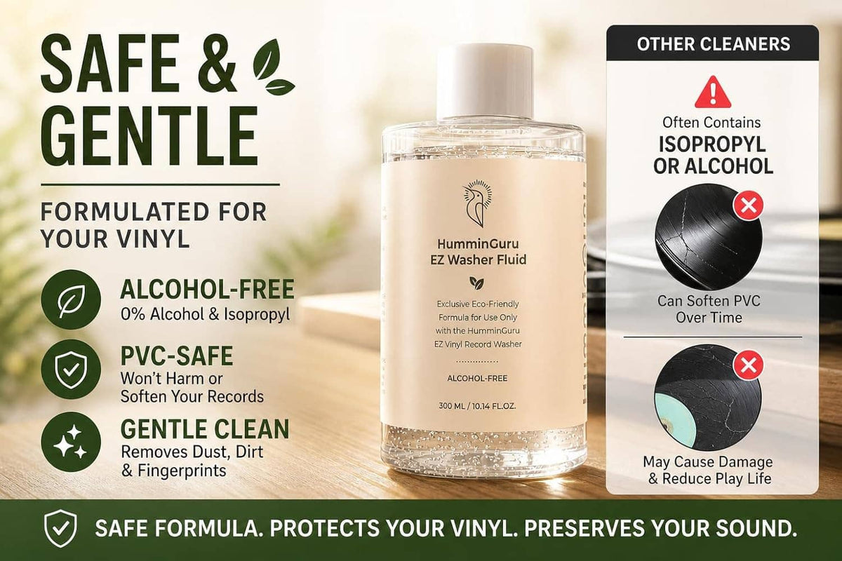 Alcohol-free vinyl cleaning solution bottle with safe & gentle formula graphic