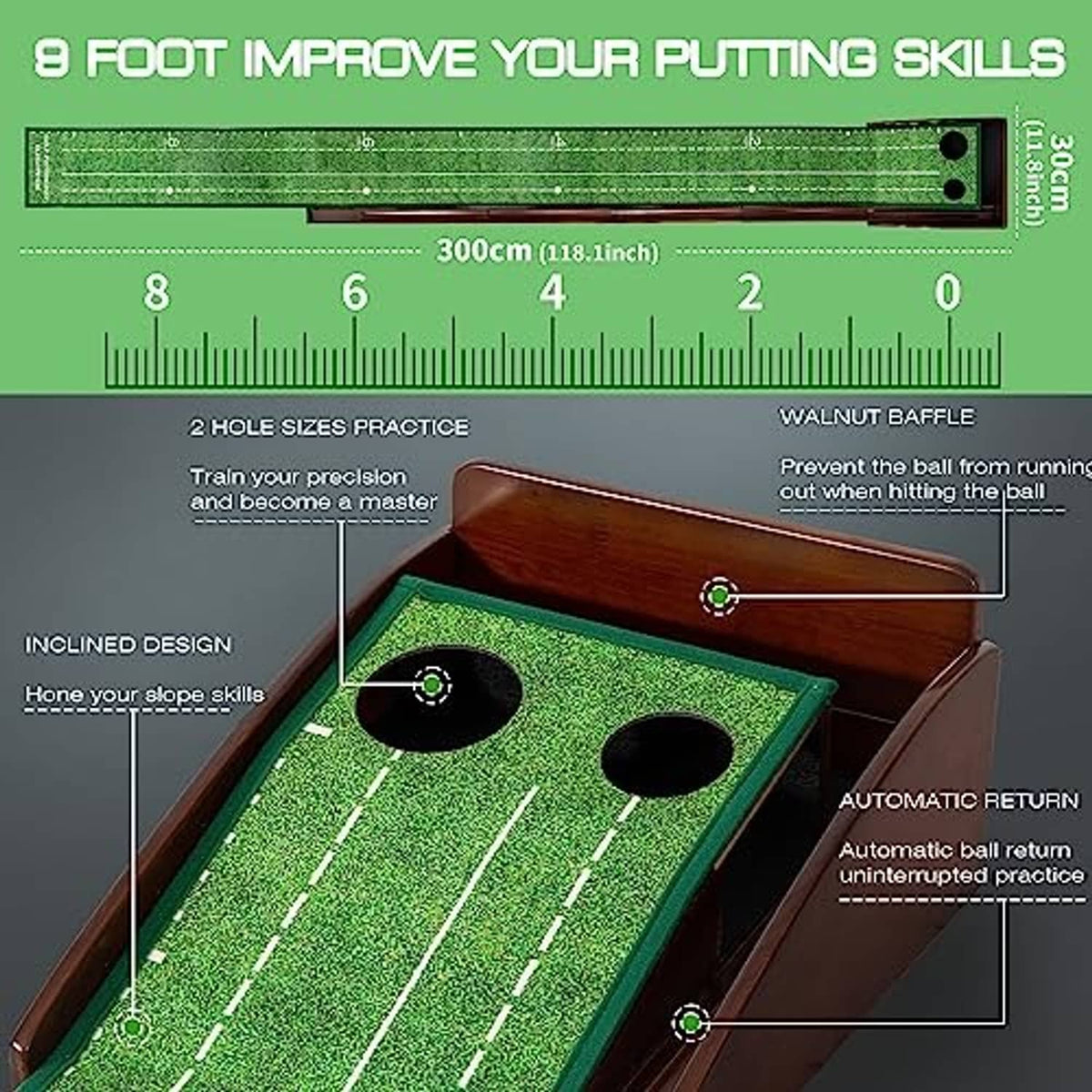 9-foot indoor putting green mat with numbered lane markings and automatic return track