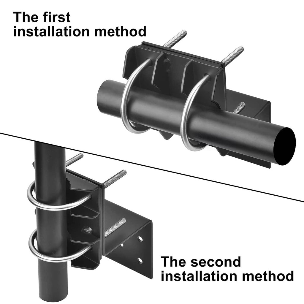 Black antenna mount bracket showing two U-bolt attachment options on a pole