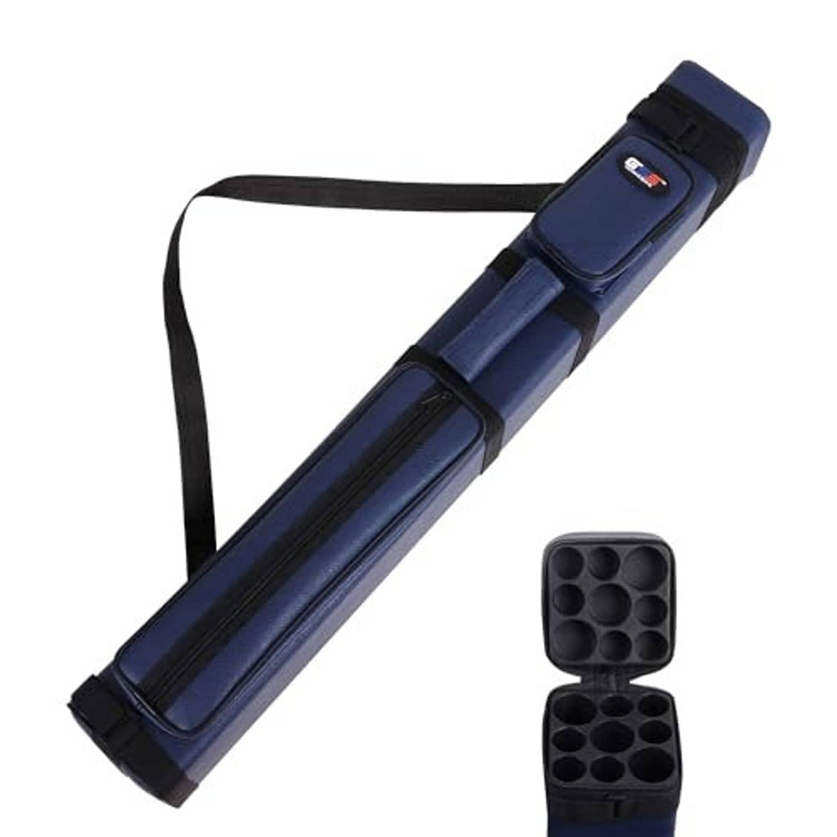 Blue hard pool cue carrying bag with black strap and padded end pocket for 3 cues