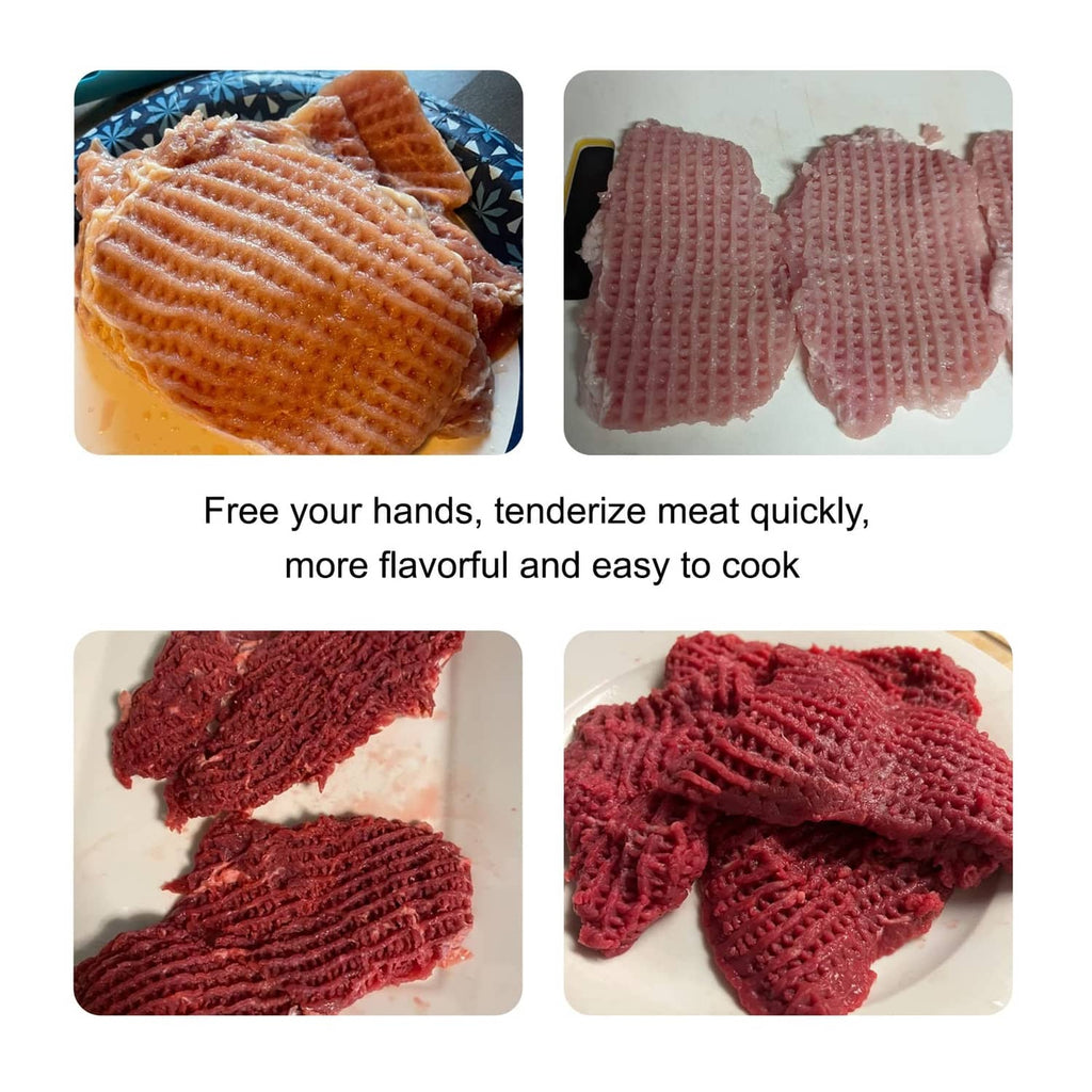 Meat tenderizer attachment showing tenderized beef and pork slices with ridges