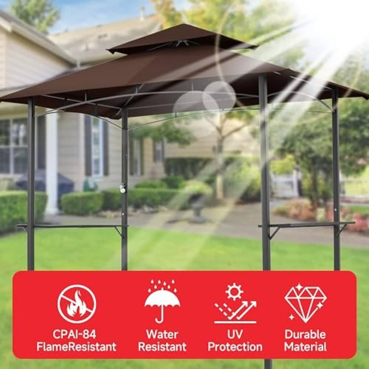 Coffee-brown replacement canopy top for outdoor grill gazebo with metal support posts