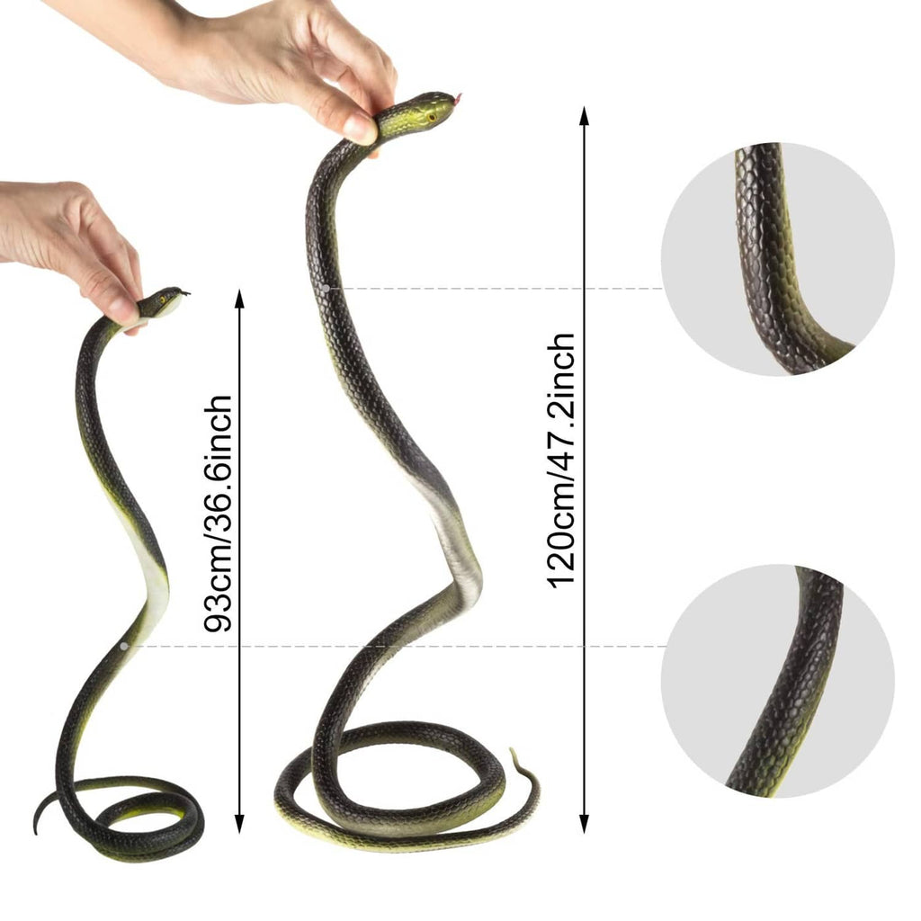 Rubber snake decoration with size guides, long coiled dark snake held by hand.