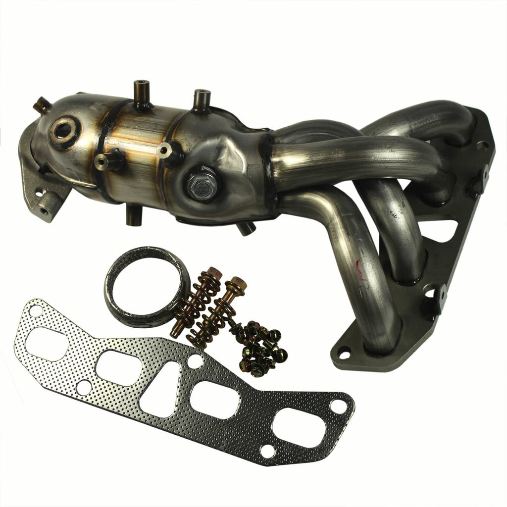 Exhaust manifold with catalytic converter, connected pipe and gasket with mounting bolts
