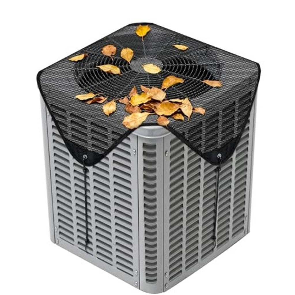 Black mesh air conditioner cover with V-shaped front opening and scattered leaf debris