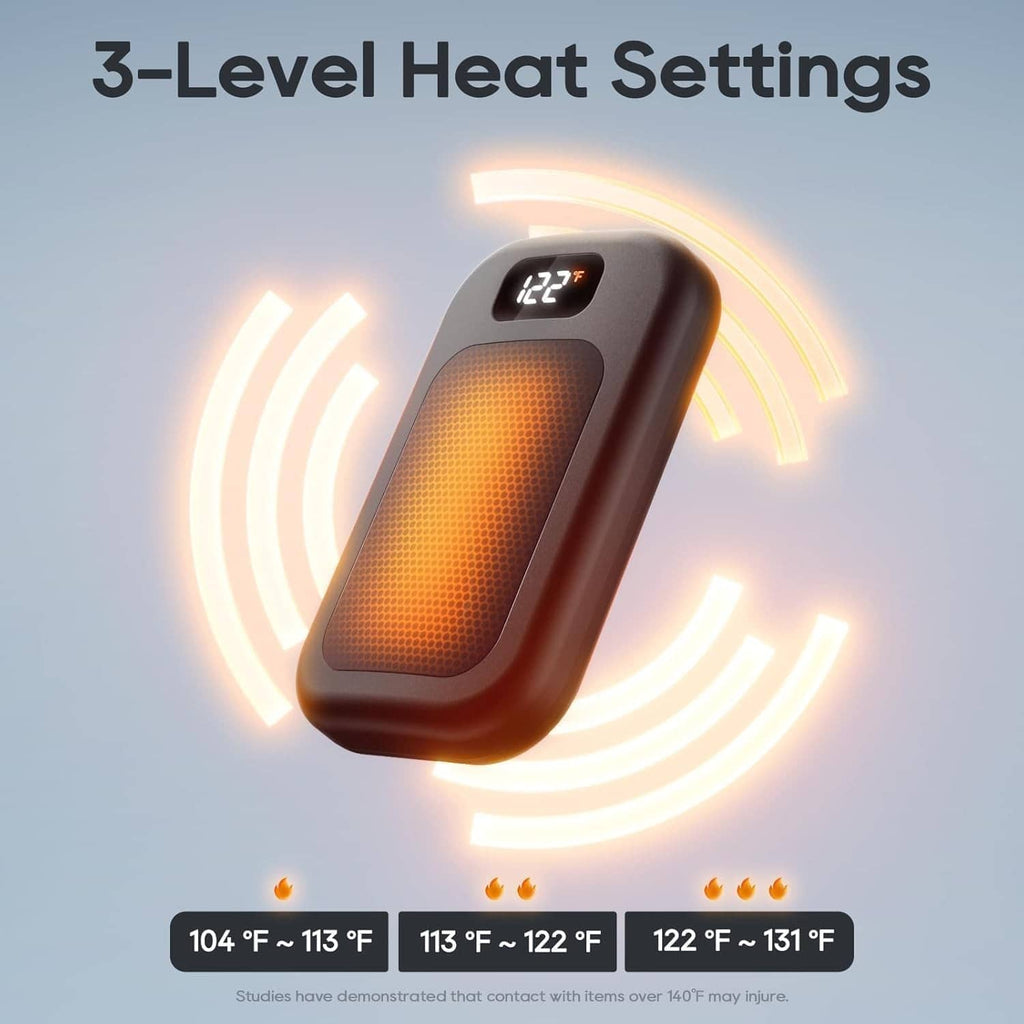Black hand warmer with glowing heat panel and digital 122°F display