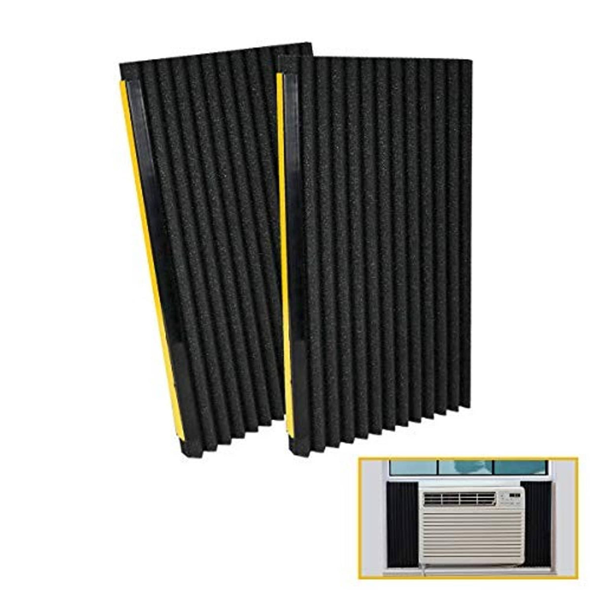 Black ribbed foam window AC side insulation panels with yellow trim edging.