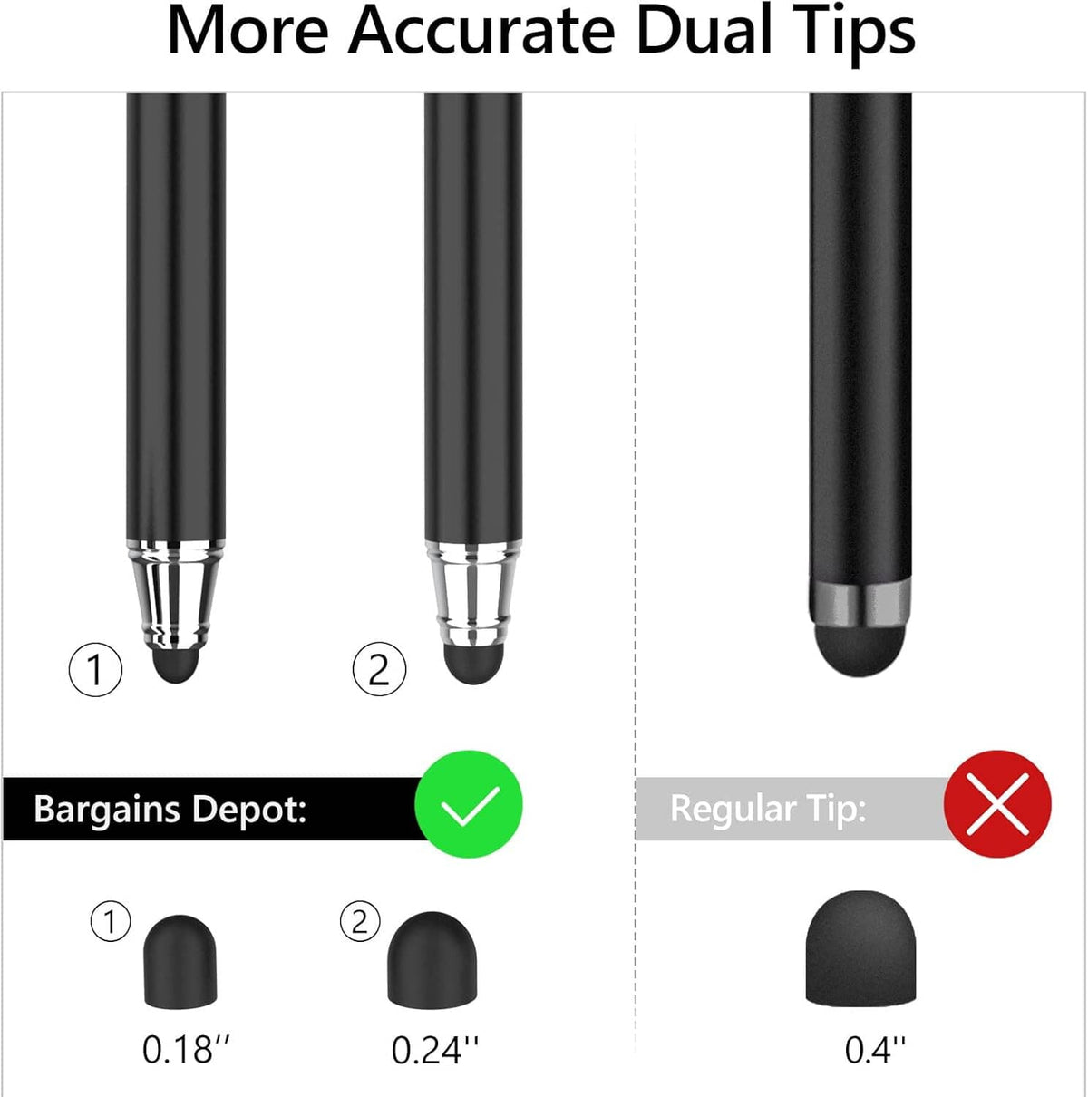 Dual-tip touch screen stylus pen shown with two different tip sizes