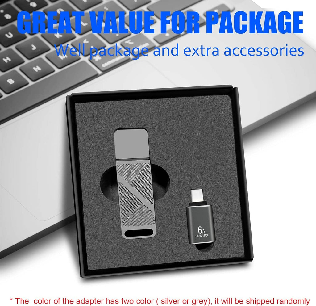 Boxed set showing grey USB flash drive and USB-C adapter with keychain