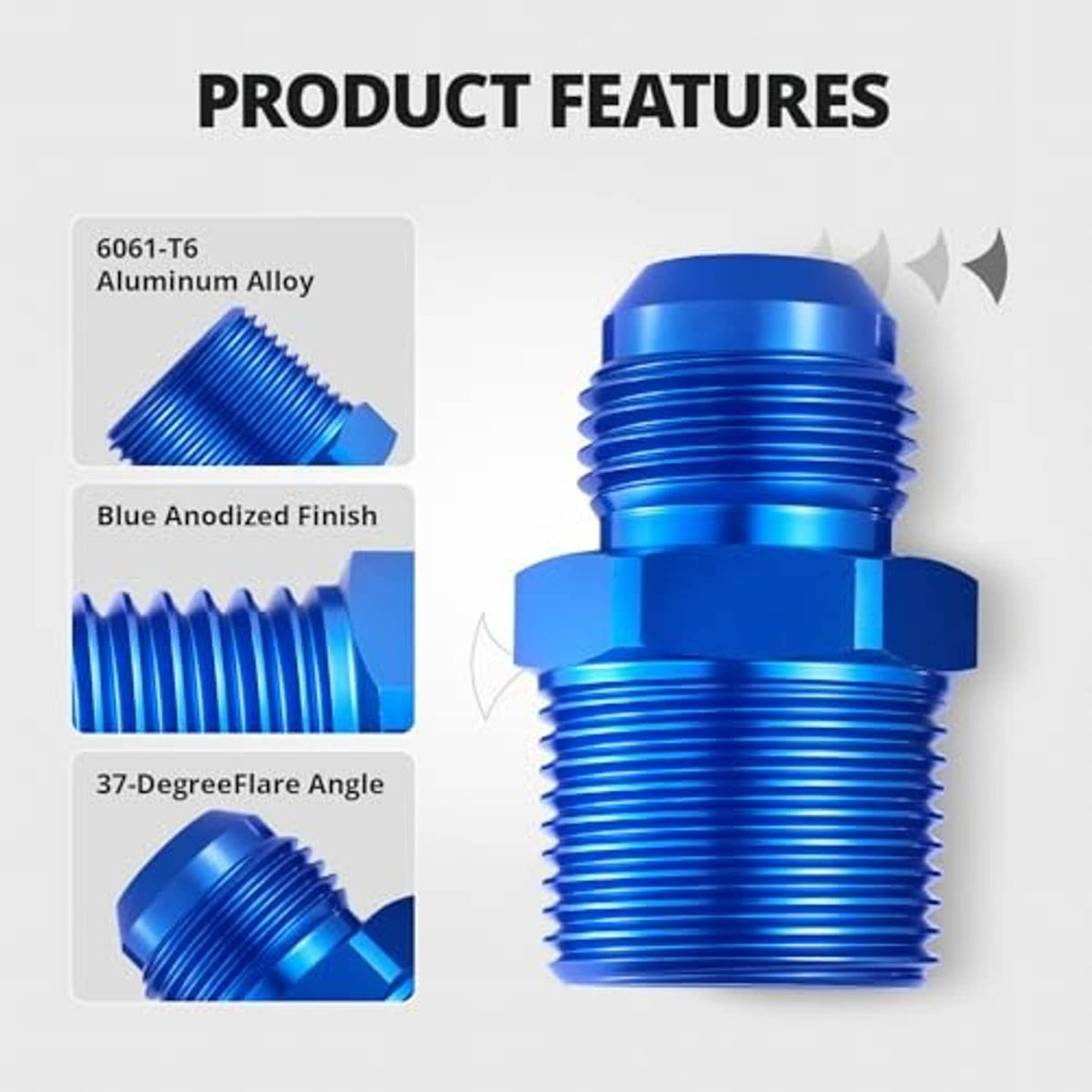 Blue anodized aluminum straight flare adapter with flared angle connection