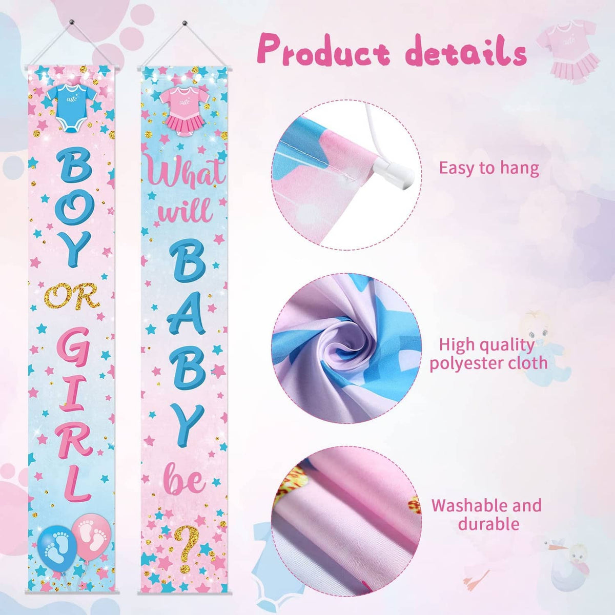 Gender reveal porch banner details: easy to hang, polyester cloth, washable