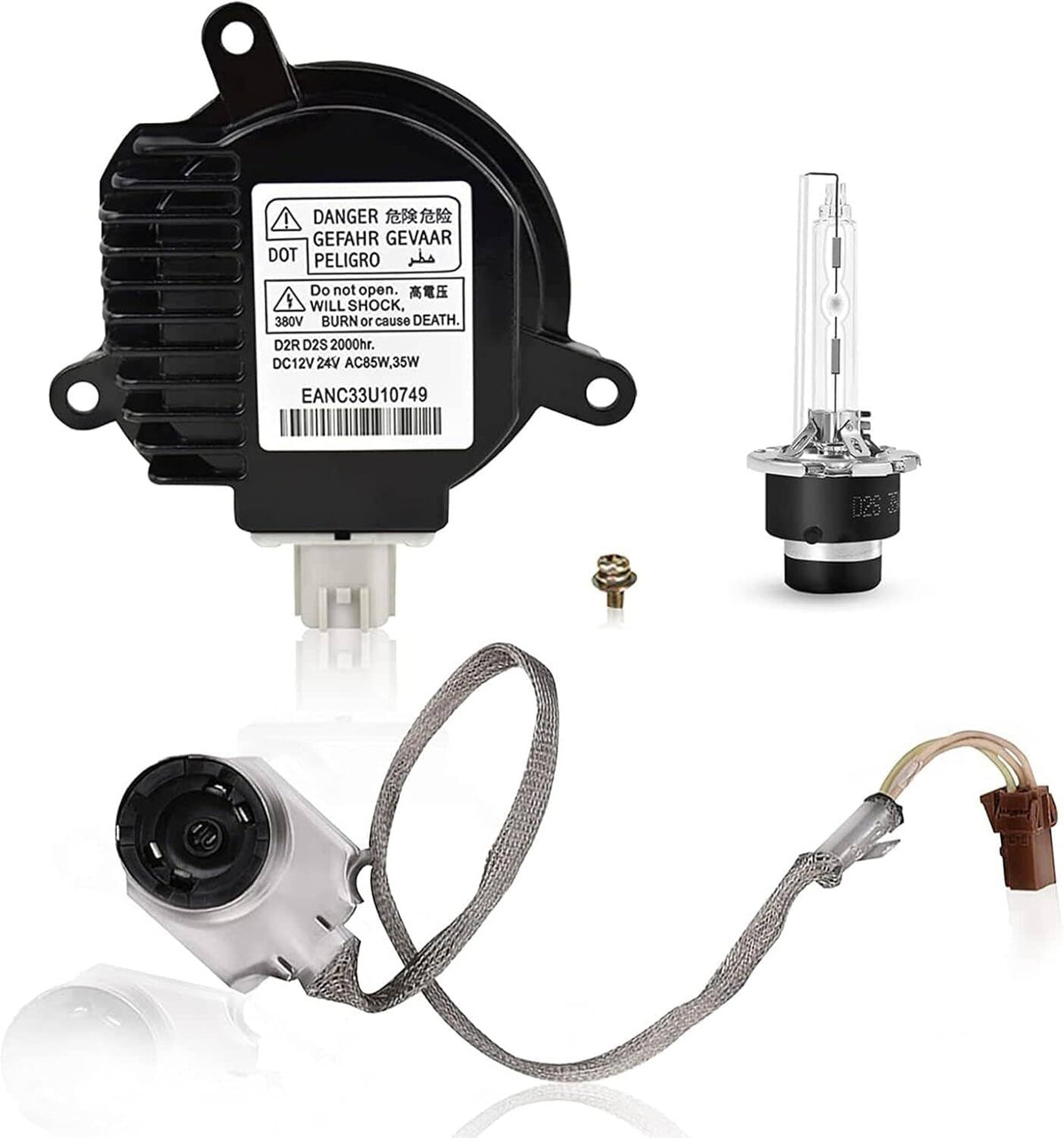 HID xenon headlight ballast with igniter cord and black mounting housing