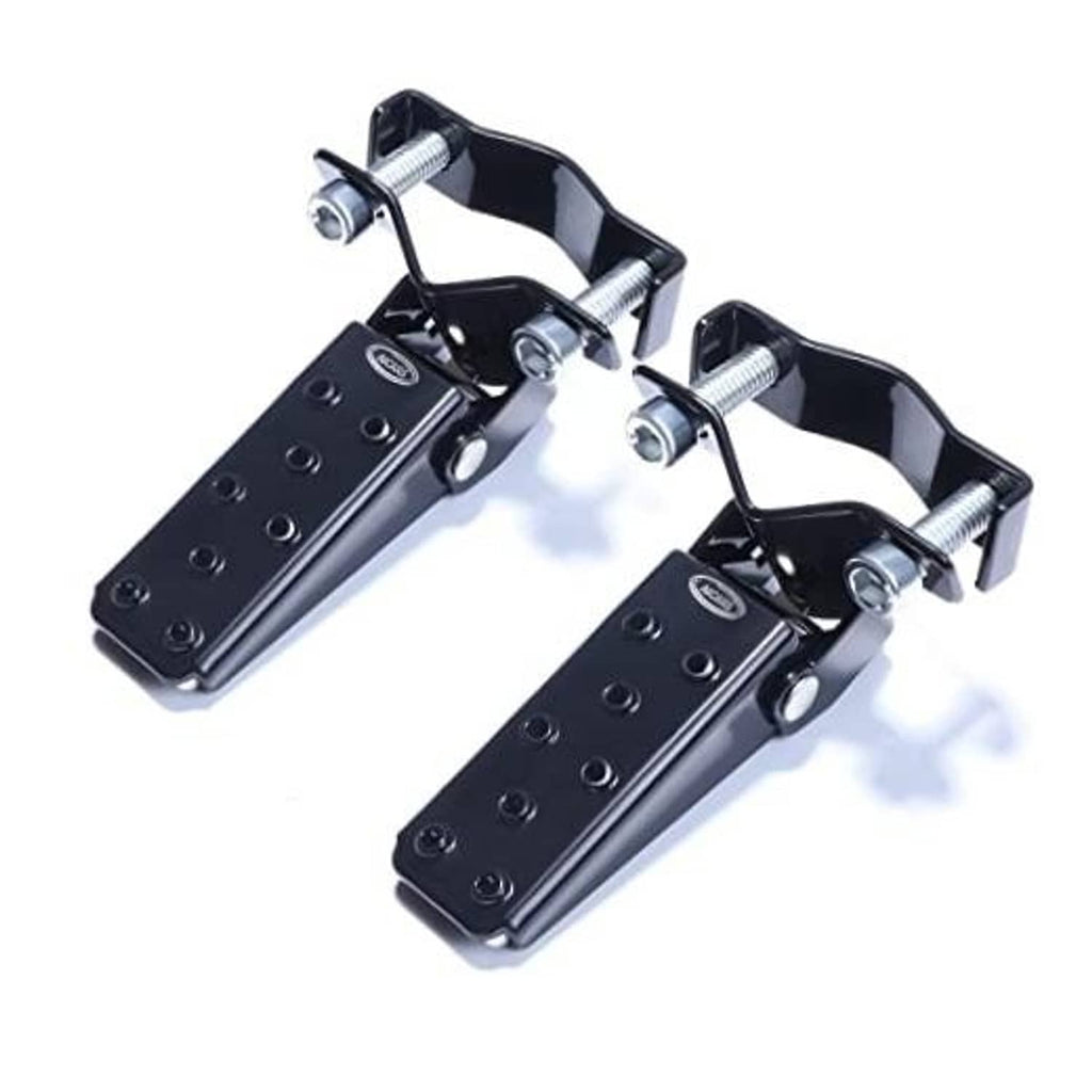 Universal folding motorcycle foot pegs, black metal pedals with grip holes and mounting brackets