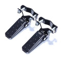 Universal folding motorcycle foot pegs, black metal pedals with grip holes and mounting brackets