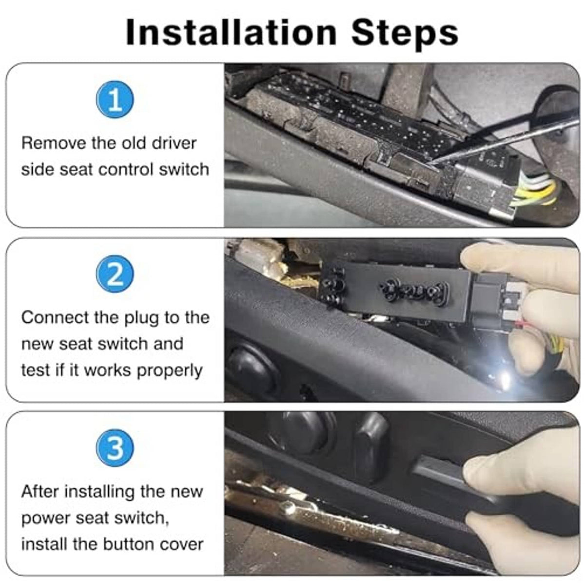 Power seat switch installation steps showing switch location and wiring connection