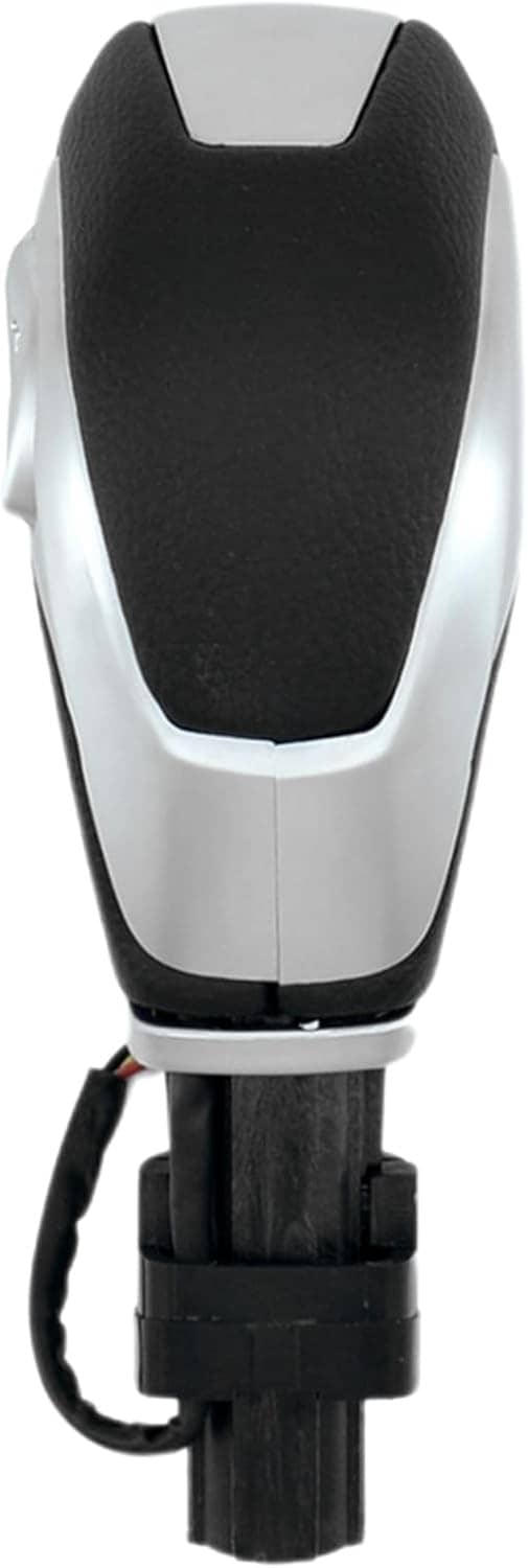Front view of black automatic gear shift knob with silver surround and base connector