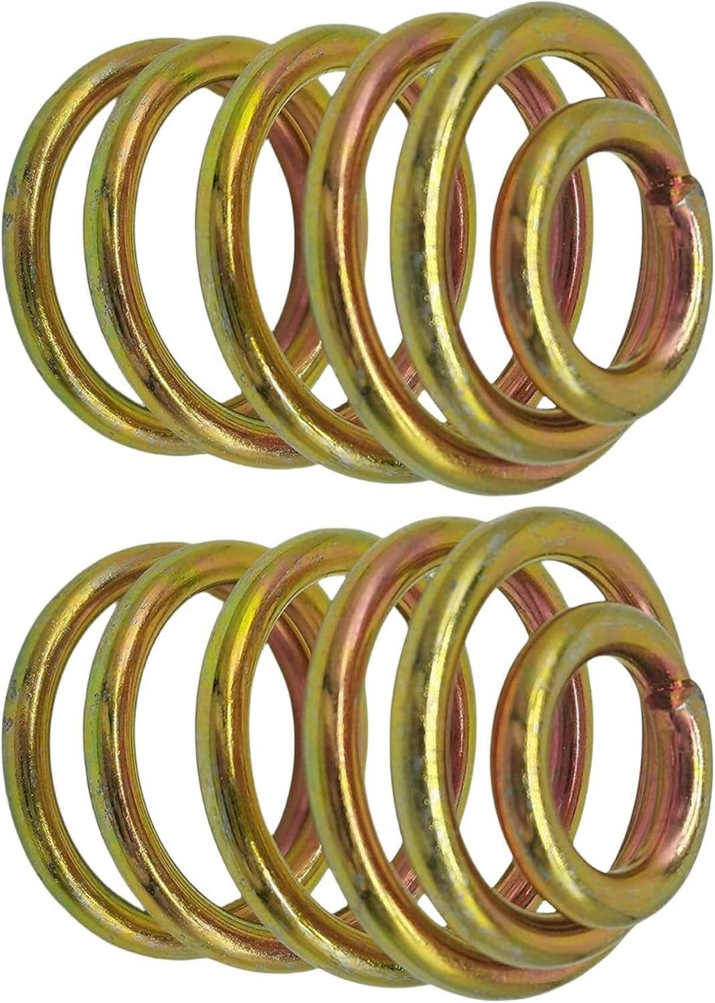 Two mower compression seat replacement springs, coiled metal in gold-green with red