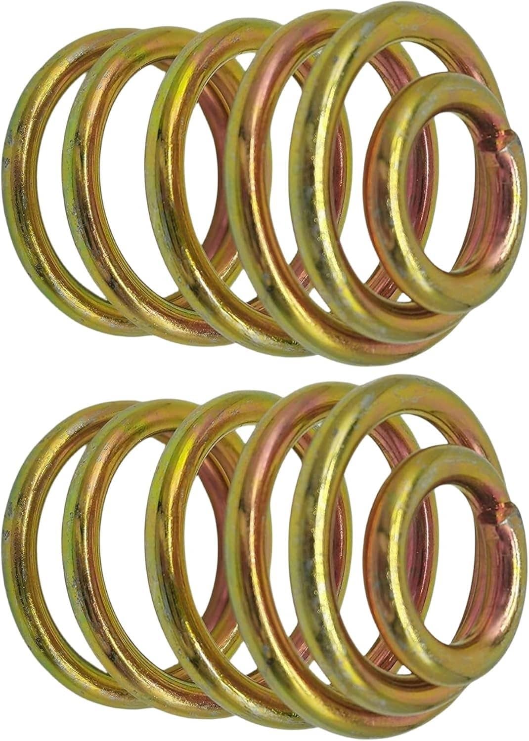 Two mower compression seat replacement springs, coiled metal in gold-green with red