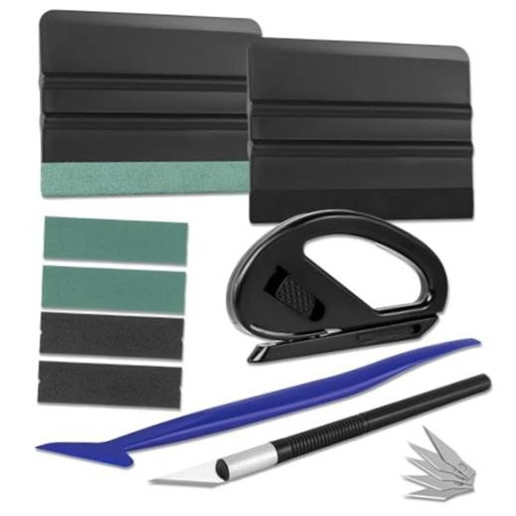 Window tint kit with black squeegee, blue applicator, blades and felt cleaning pads