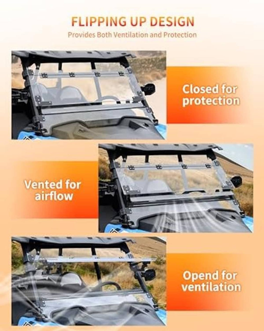 3-in-1 flip windshield showing closed and opened vent positions with clear panels