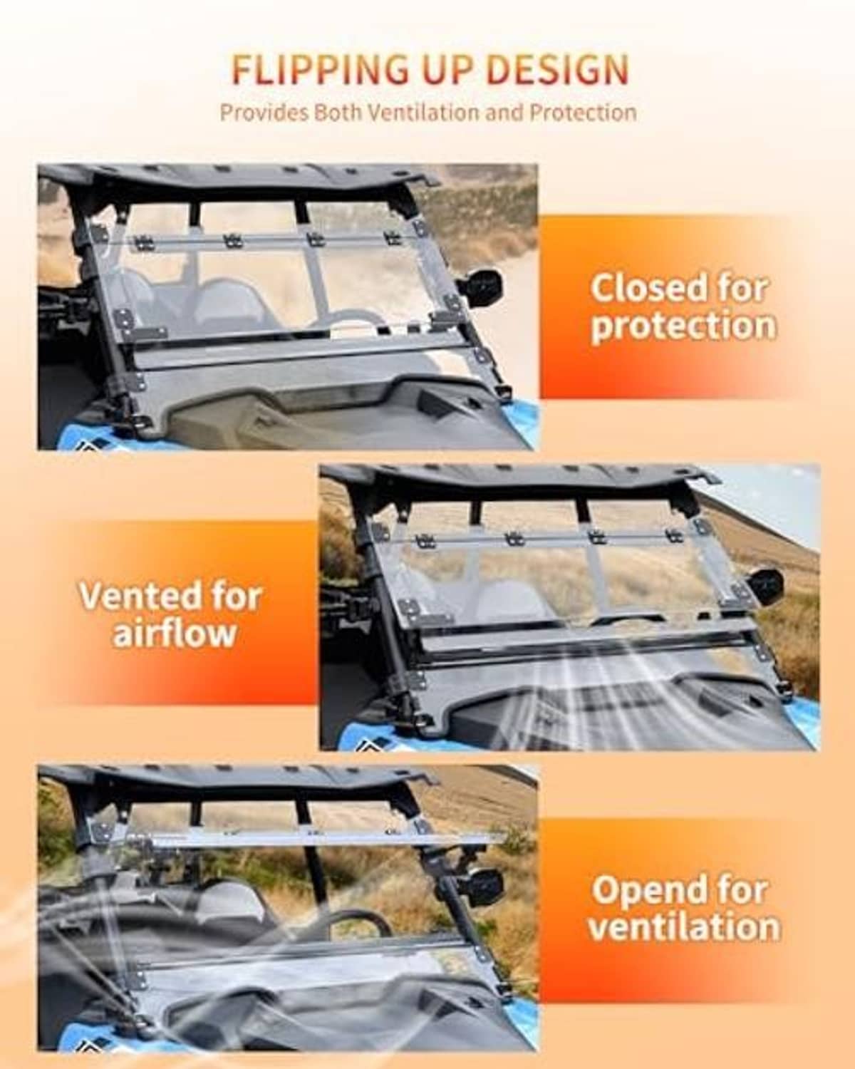 3-in-1 flip windshield showing closed and opened vent positions with clear panels