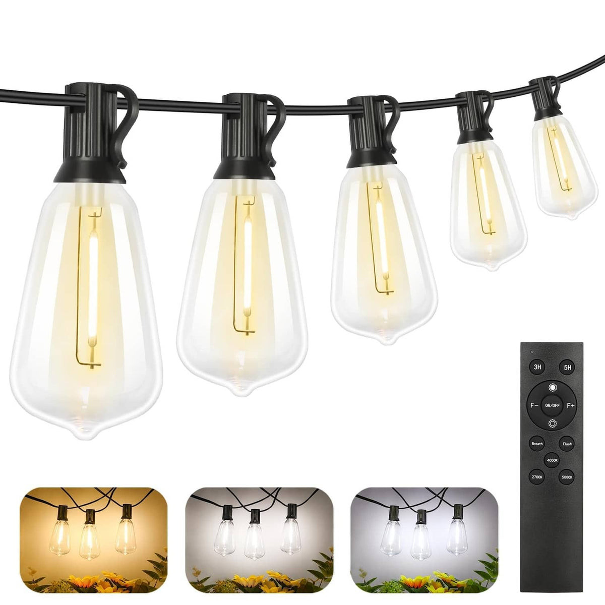 Outdoor string lights with clear globe bulbs and black wire, plus handheld remote