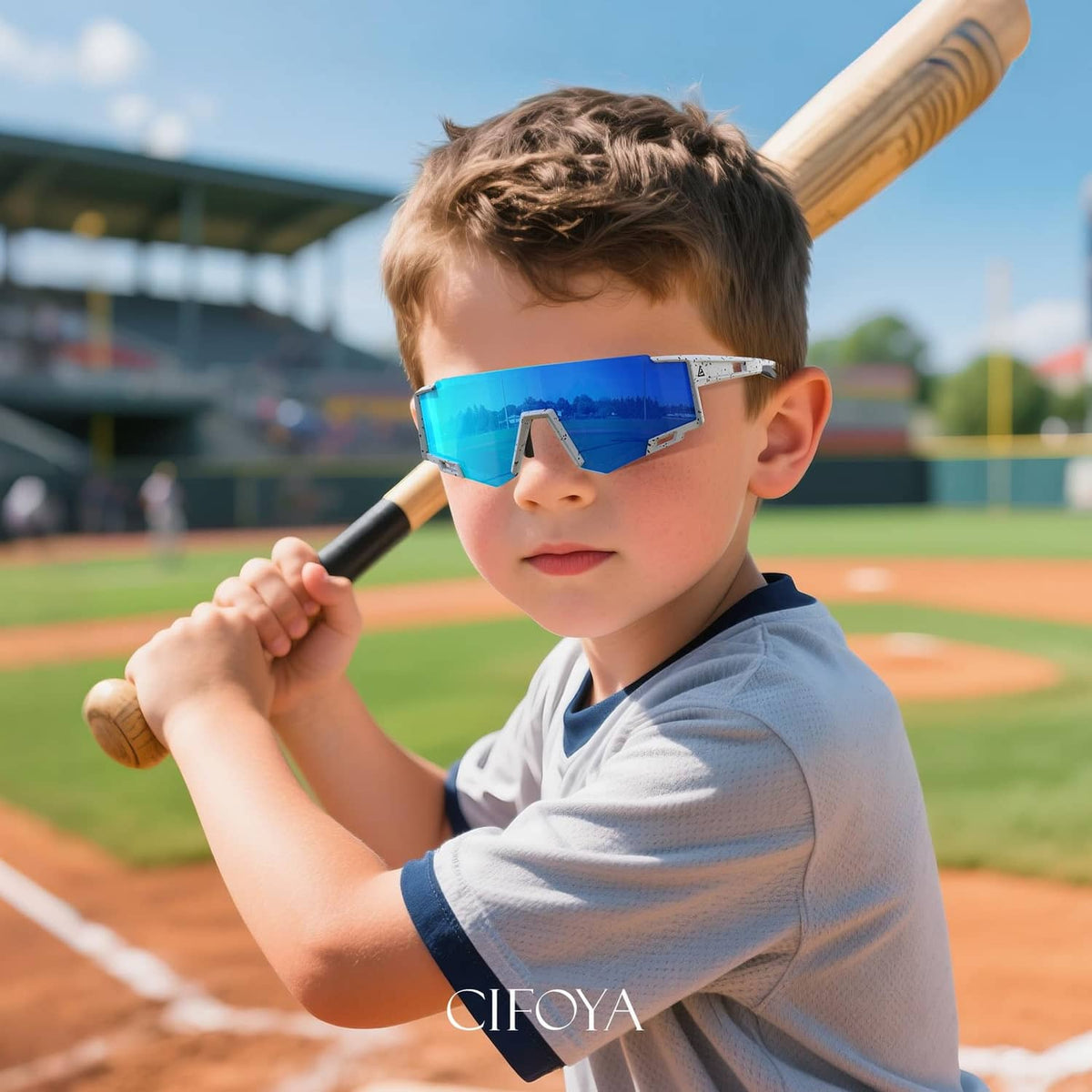 Kids baseball sunglasses on child with blue mirrored lens and dark frame