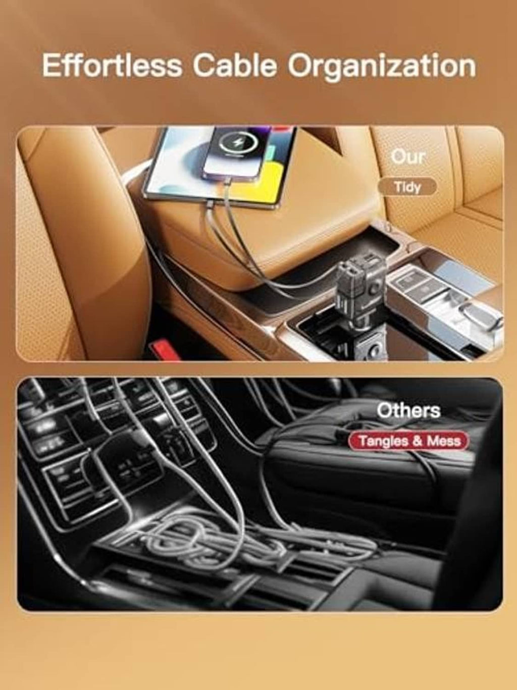 Retractable 4-in-1 car phone charger for tidy cable routing in the console