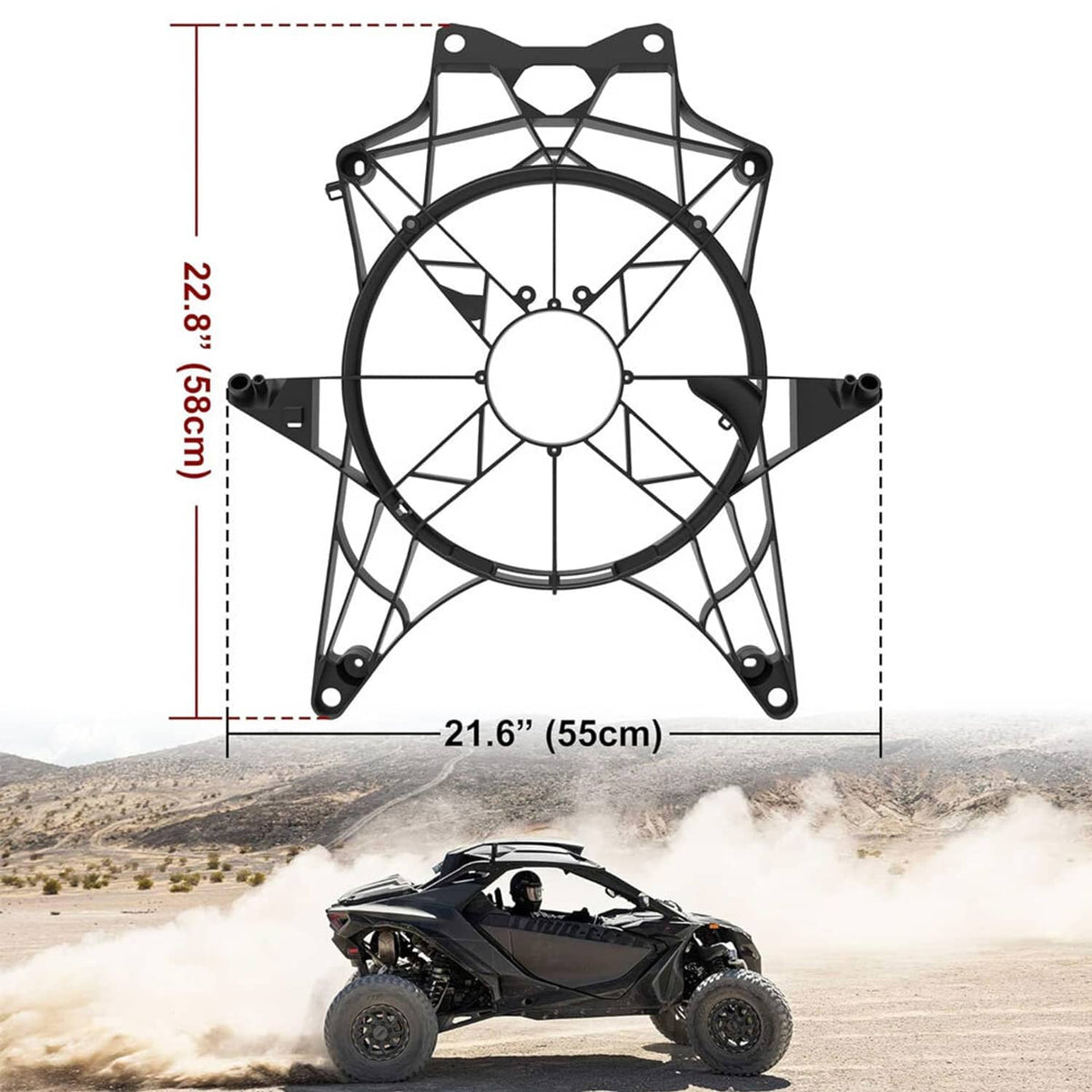 Black cooling fan cover frame shown with size dimensions and mounting holes