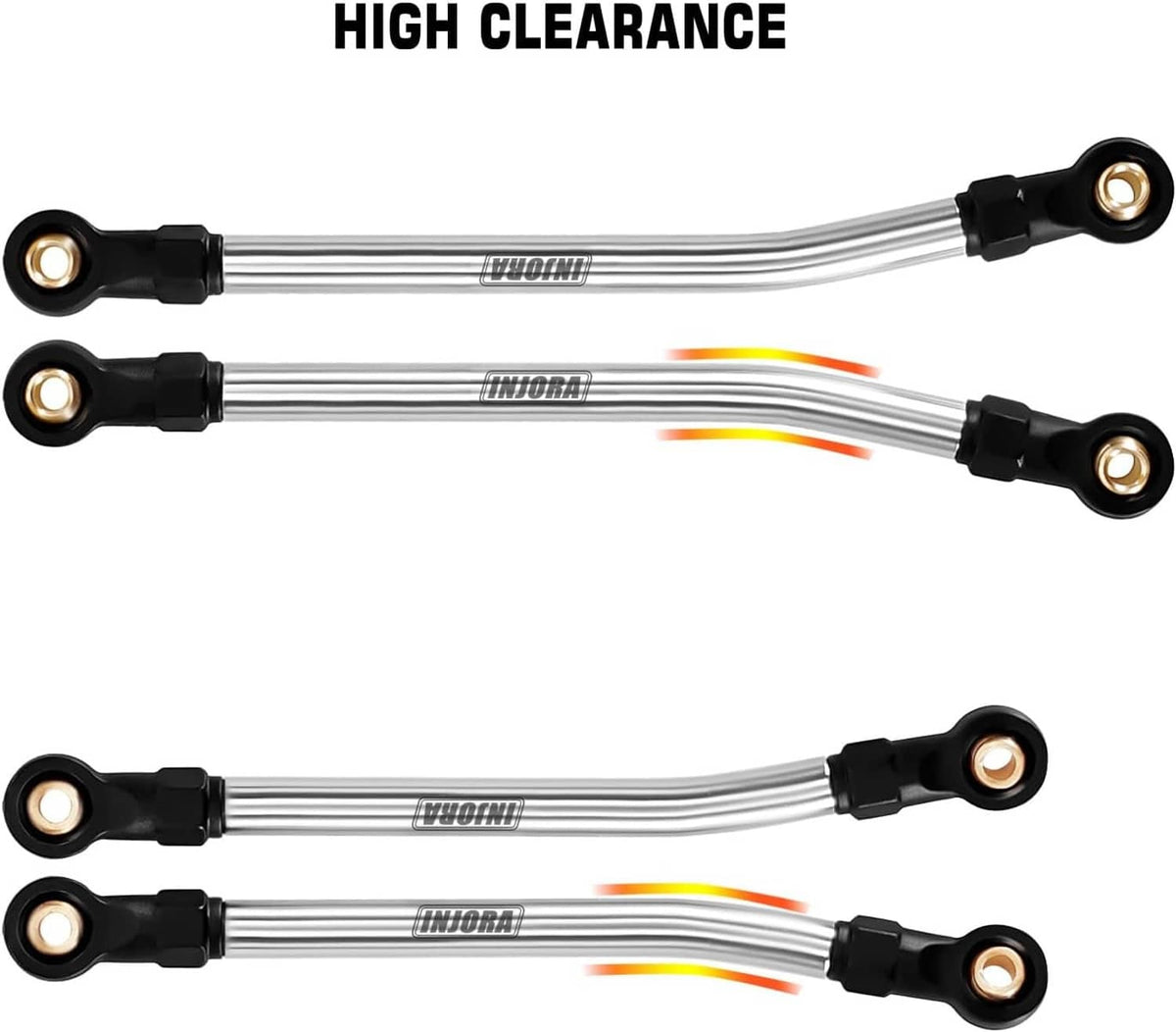 High-clearance steering links with silver curved bars and black mounting ends