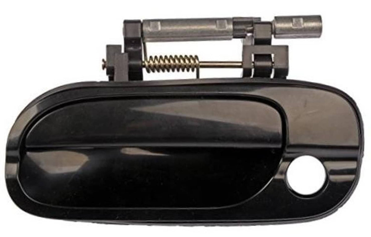 Black front exterior door handle with round keyhole and spring-mounted linkage