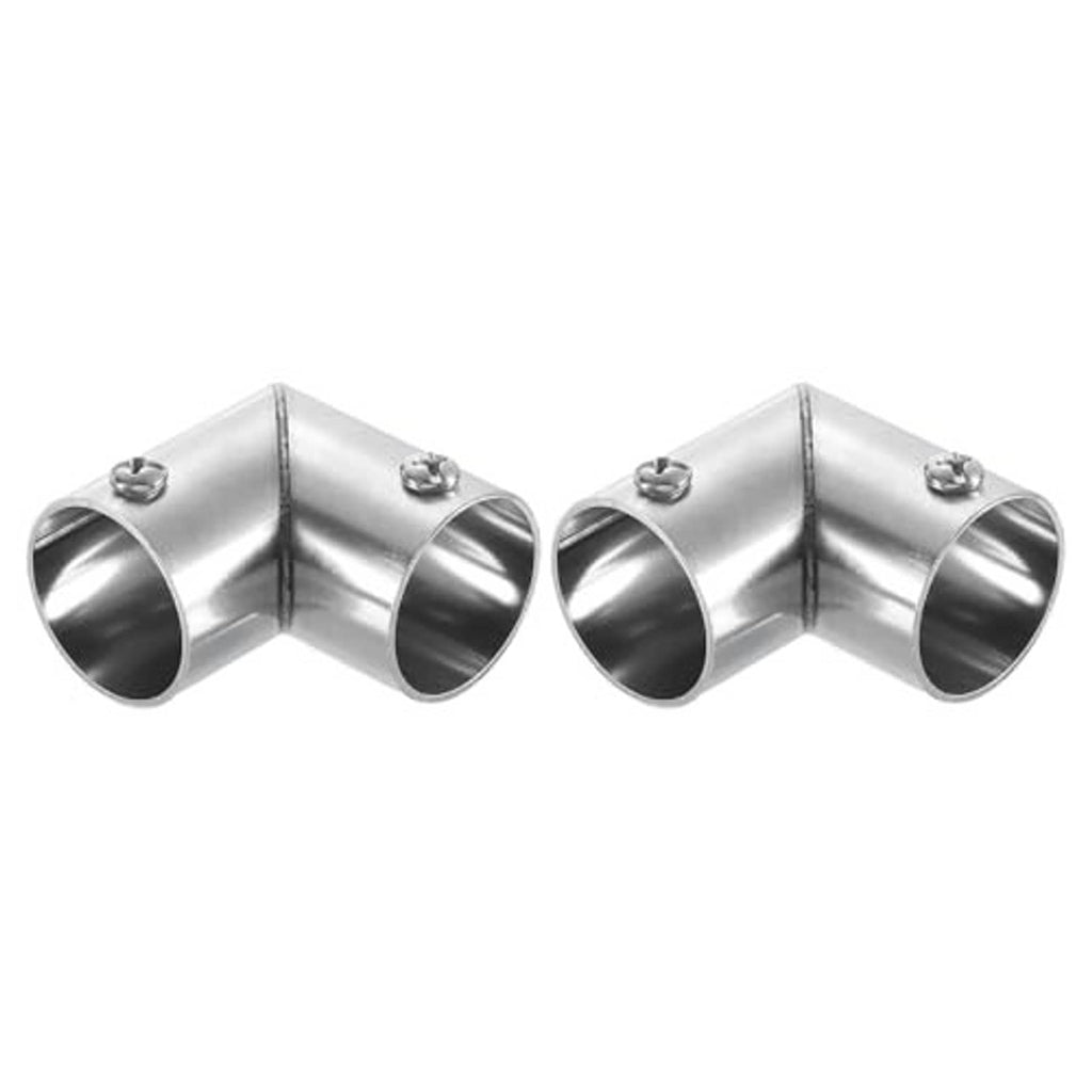 Stainless steel 90° elbow pipe connector with two mounting screws, angled 90°
