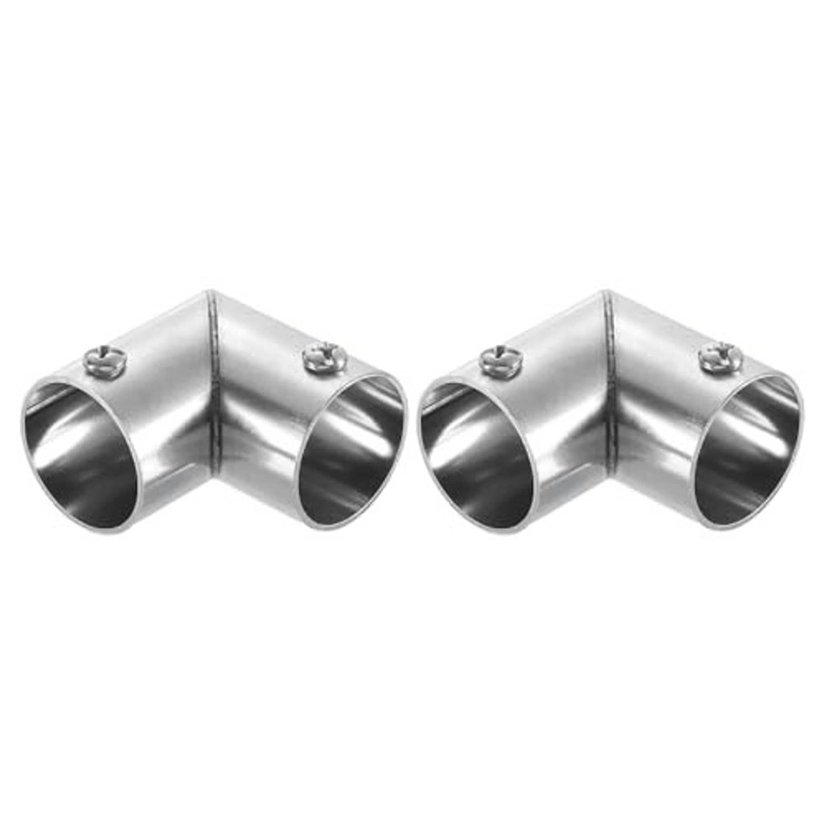 Stainless steel 90° elbow pipe connector with two mounting screws, angled 90°