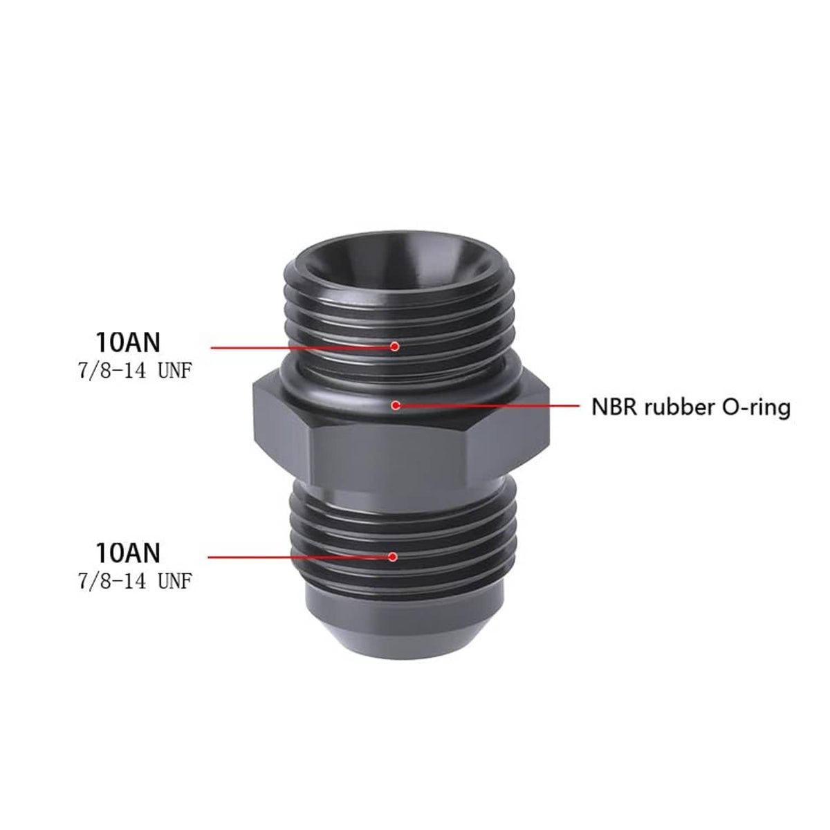 Black 10AN ORB adapter fitting with NBR rubber O-ring seal